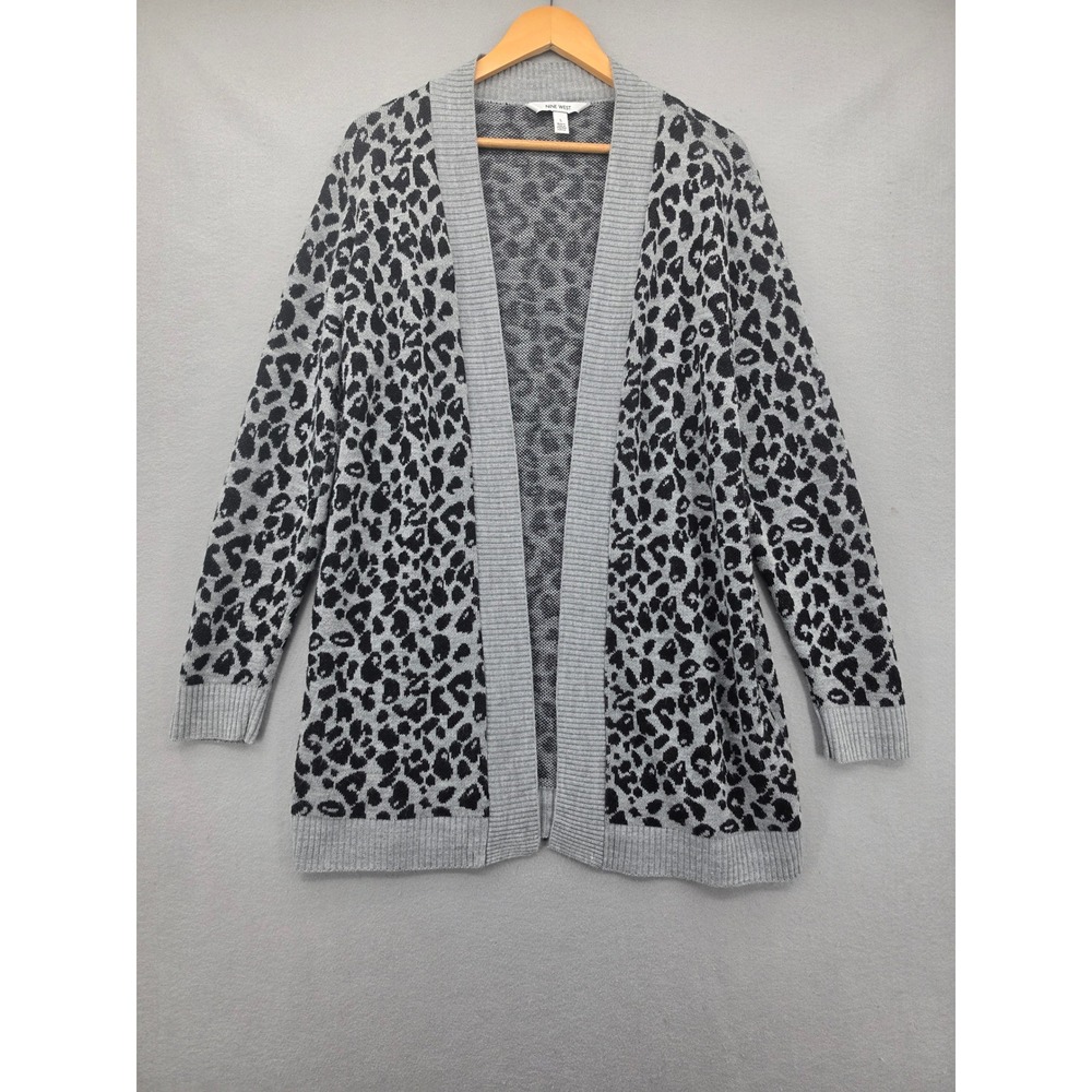 Nine West Leopard Print Cardigan Sweater Gray Black Animal Print Open Front L
